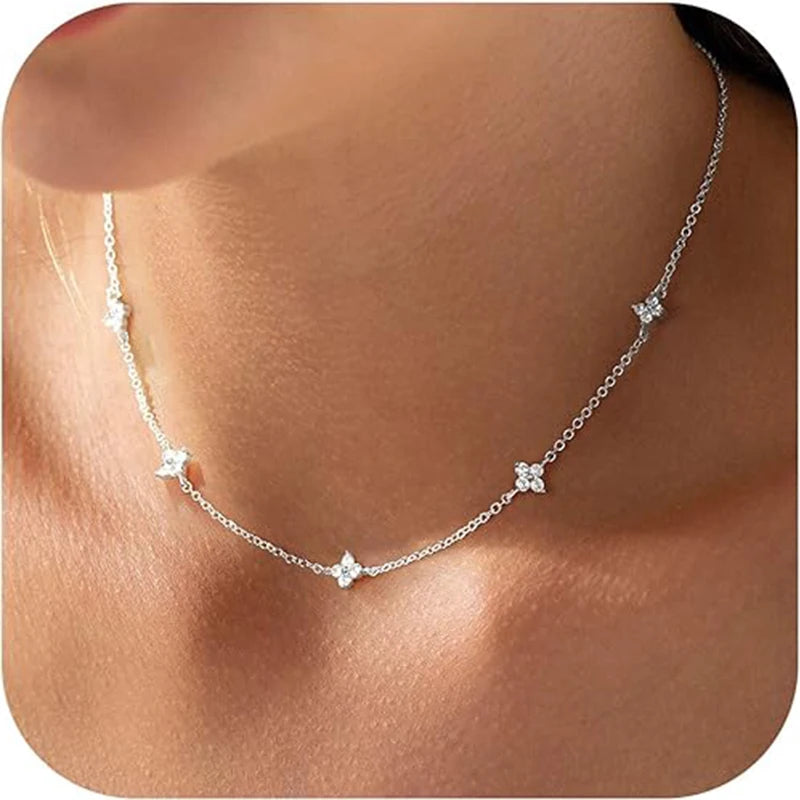925 Silver Plated Four-leaf Flower Zircon Chain Necklace for Women Luxury Collar Charm Clover Necklaces 2025 Trend Jewelry