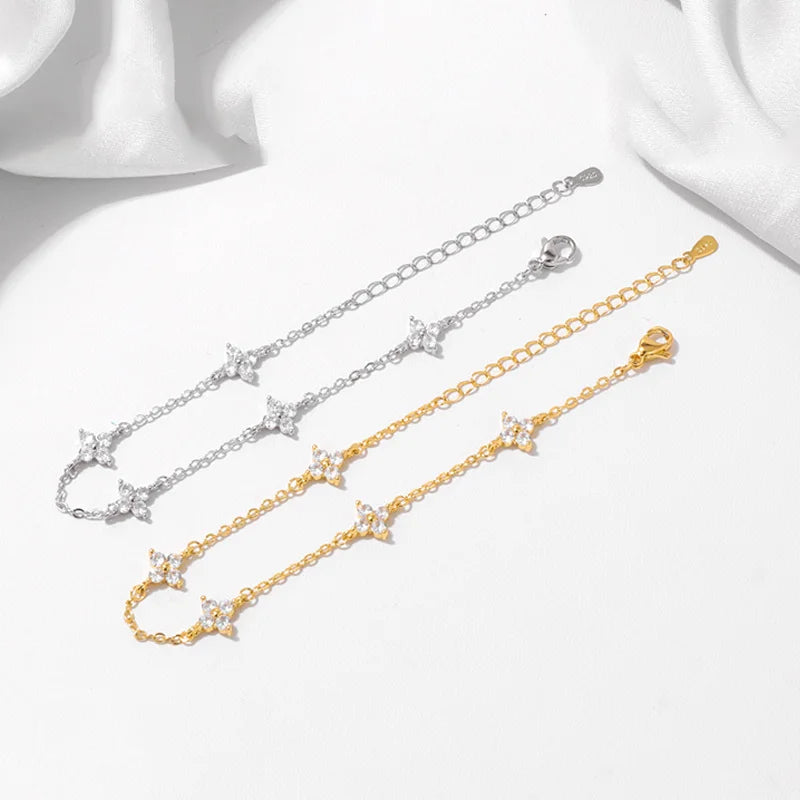 925 Silver Plated Four-leaf Flower Zircon Chain Necklace for Women Luxury Collar Charm Clover Necklaces 2025 Trend Jewelry